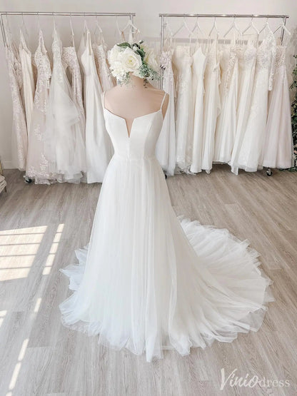 Tulle A-Line Wedding Dress with Slit and Plunging Neckline – VW2527-wedding dresses 2025 -Viniodress-White-Custom Size-