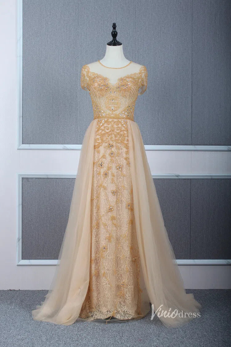 Tulle Beaded Formal Evening Dress Grey Overskirt Prom Dress FD2376-Evening Dresses 2025 -Viniodress-Gold-US 2-