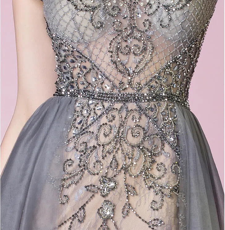 Tulle Beaded Formal Evening Dress Grey Overskirt Prom Dress FD2376-Evening Dresses 2025 -Viniodress-Grey-US 2-