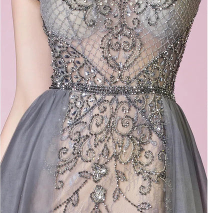 Tulle Beaded Formal Evening Dress Grey Overskirt Prom Dress FD2376-Evening Dresses 2025 -Viniodress-Grey-US 2-