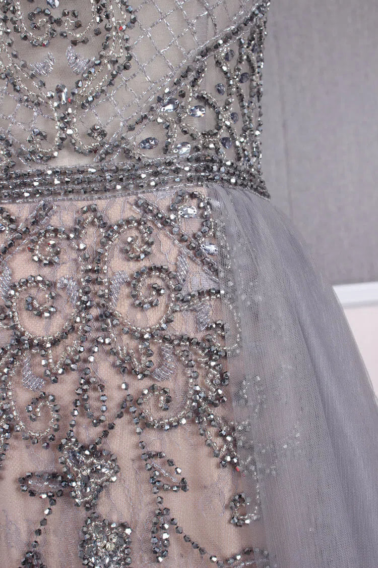 Tulle Beaded Formal Evening Dress Grey Overskirt Prom Dress FD2376-Evening Dresses 2025 -Viniodress-Grey-US 2-