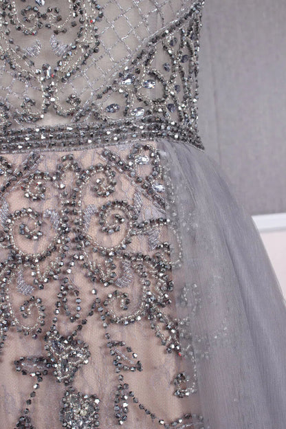 Tulle Beaded Formal Evening Dress Grey Overskirt Prom Dress FD2376-Evening Dresses 2025 -Viniodress-Grey-US 2-