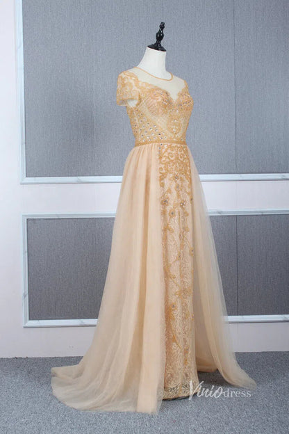 Tulle Beaded Formal Evening Dress Grey Overskirt Prom Dress FD2376-Evening Dresses 2025 -Viniodress-Grey-US 2-