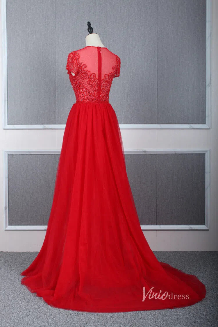 Tulle Beaded Formal Evening Dress Grey Overskirt Prom Dress FD2376-Evening Dresses 2025 -Viniodress-Grey-US 2-