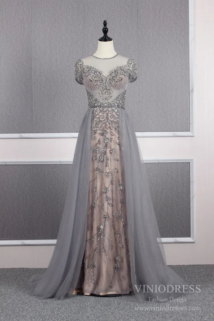 Tulle Beaded Formal Evening Dress Grey Overskirt Prom Dress FD2376-Evening Dresses 2025 -Viniodress-Grey-US 2-