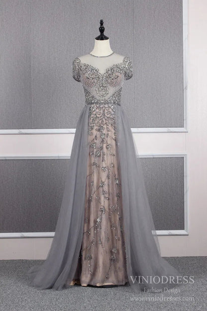 Tulle Beaded Formal Evening Dress Grey Overskirt Prom Dress FD2376-Evening Dresses 2025 -Viniodress-Grey-US 2-