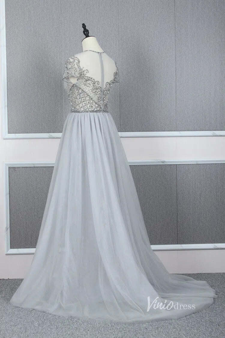Tulle Beaded Formal Evening Dress Grey Overskirt Prom Dress FD2376-Evening Dresses 2025 -Viniodress-Grey-US 2-