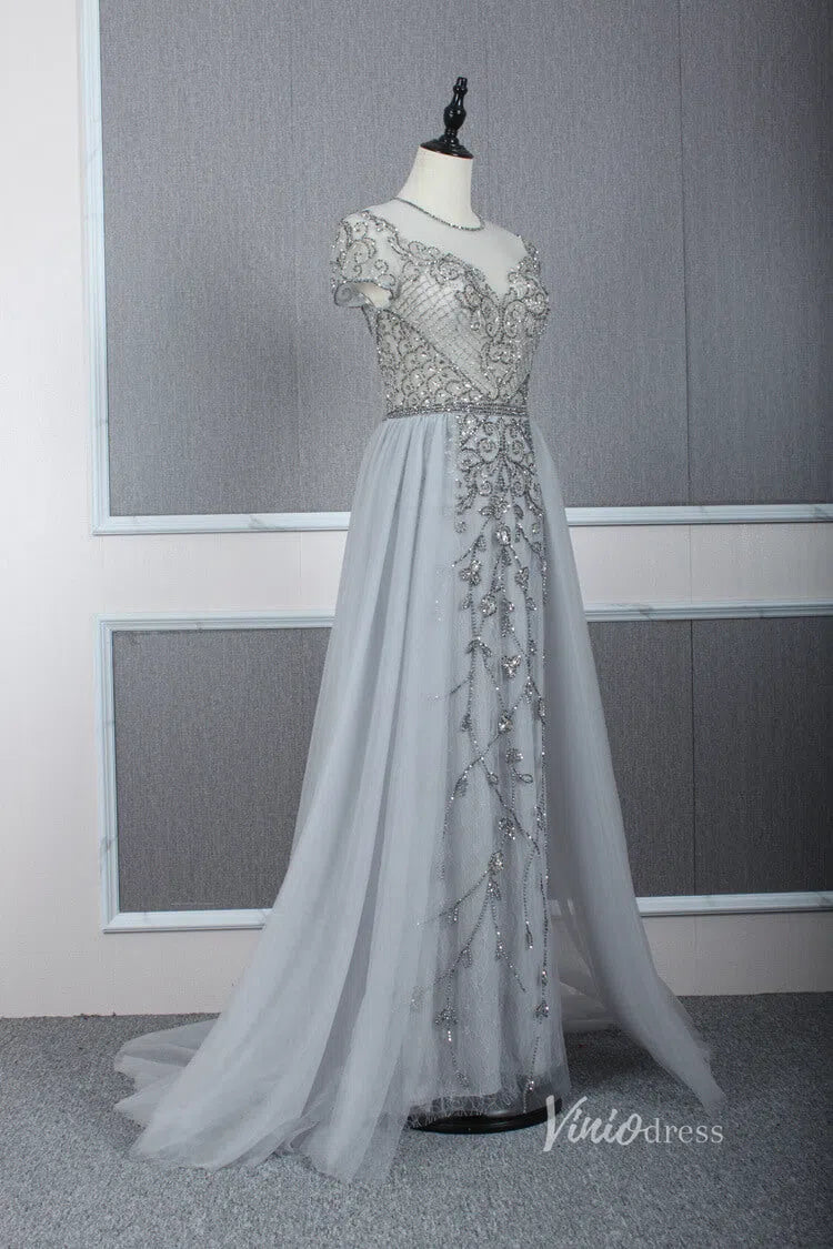 Tulle Beaded Formal Evening Dress Grey Overskirt Prom Dress FD2376-Evening Dresses 2025 -Viniodress-Grey-US 2-