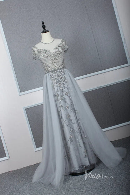 Tulle Beaded Formal Evening Dress Grey Overskirt Prom Dress FD2376-Evening Dresses 2025 -Viniodress-Grey-US 2-