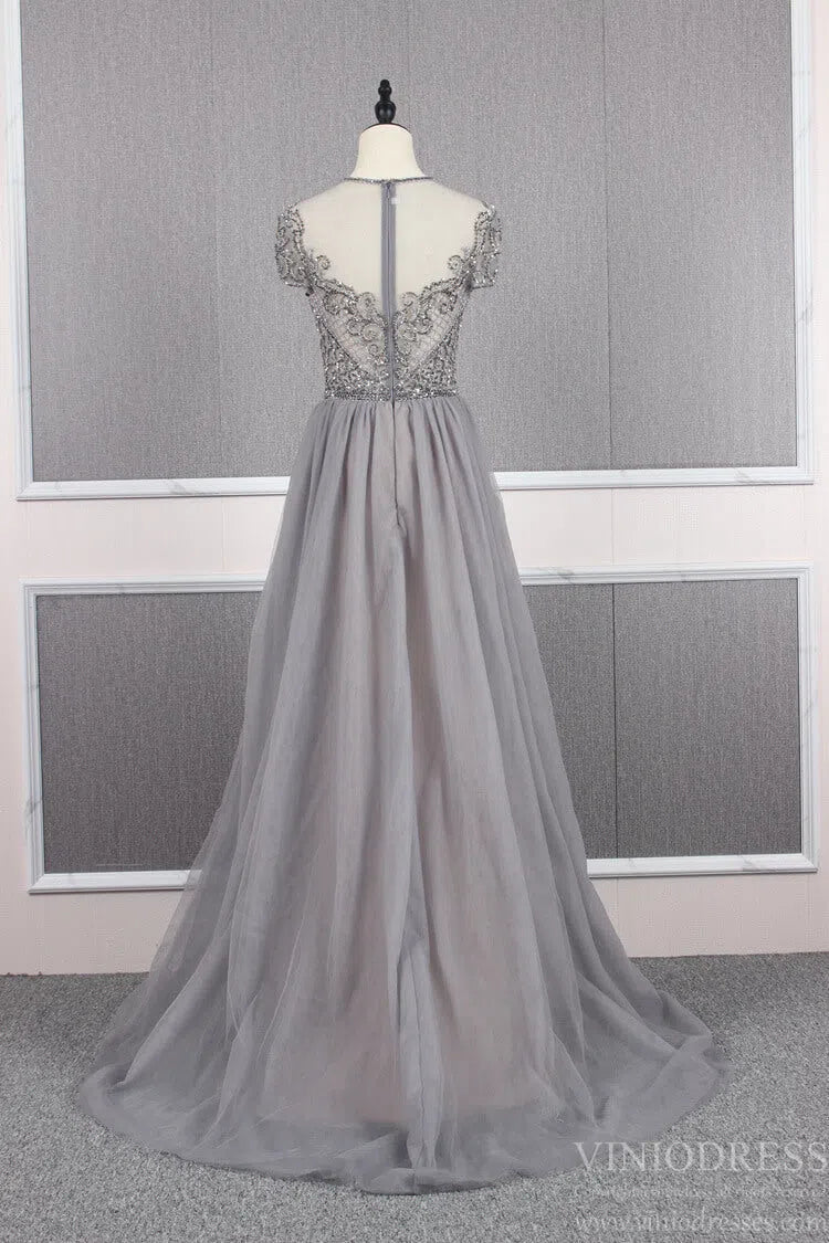 Tulle Beaded Formal Evening Dress Grey Overskirt Prom Dress FD2376-Evening Dresses 2025 -Viniodress-Grey-US 2-