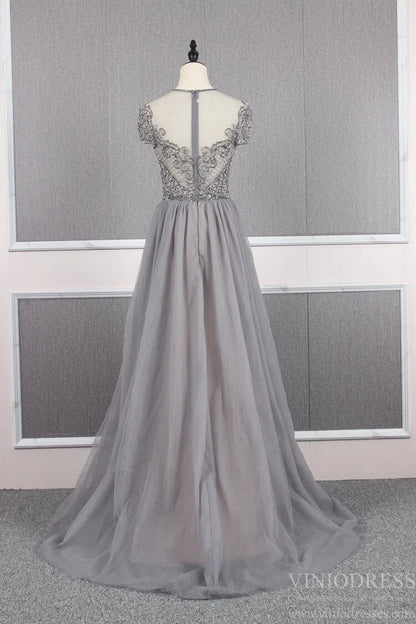 Tulle Beaded Formal Evening Dress Grey Overskirt Prom Dress FD2376-Evening Dresses 2025 -Viniodress-Grey-US 2-