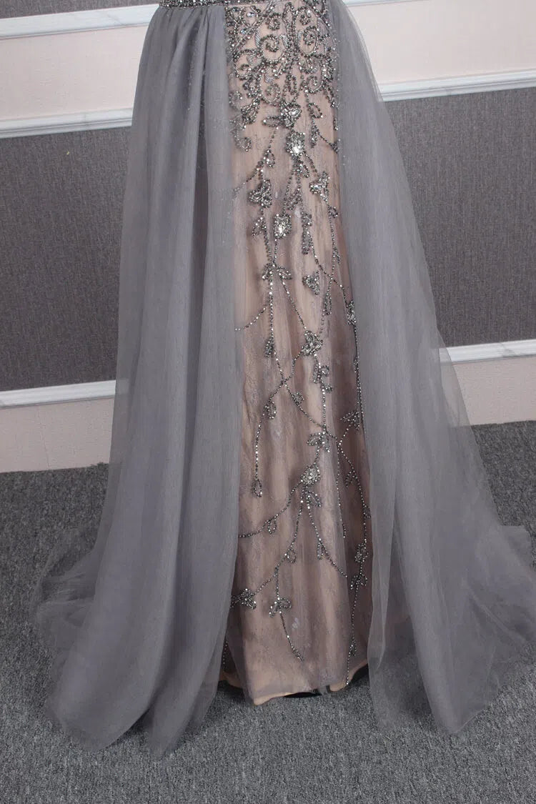 Tulle Beaded Formal Evening Dress Grey Overskirt Prom Dress FD2376-Evening Dresses 2025 -Viniodress-Grey-US 2-