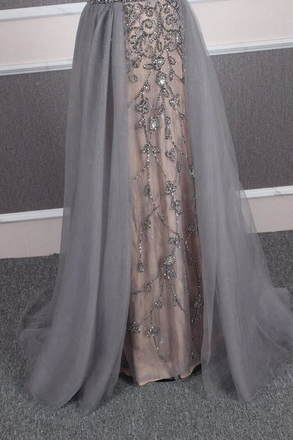 Tulle Beaded Formal Evening Dress Grey Overskirt Prom Dress FD2376-Evening Dresses 2025 -Viniodress-Grey-US 2-