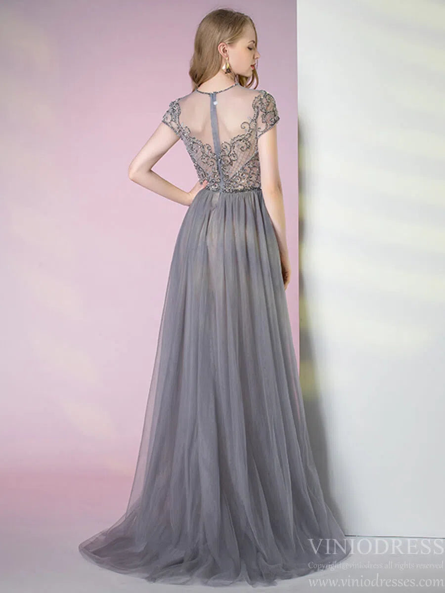 Tulle Beaded Formal Evening Dress Grey Overskirt Prom Dress FD2376-Evening Dresses 2025 -Viniodress-Grey-US 2-