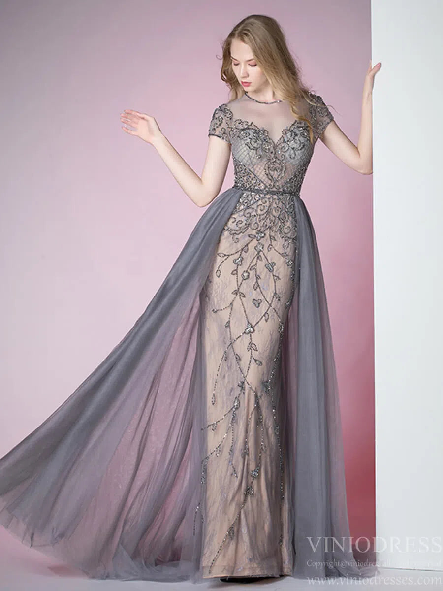 Tulle Beaded Formal Evening Dress Grey Overskirt Prom Dress FD2376-Evening Dresses 2025 -Viniodress-Grey-US 2-