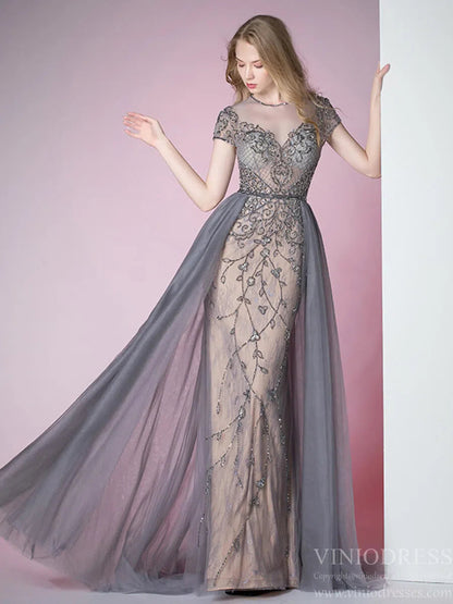 Tulle Beaded Formal Evening Dress Grey Overskirt Prom Dress FD2376-Evening Dresses 2025 -Viniodress-Grey-US 2-