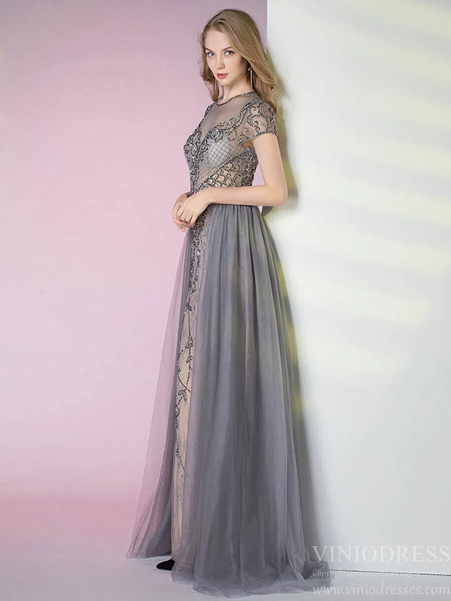 Tulle Beaded Formal Evening Dress Grey Overskirt Prom Dress FD2376-Evening Dresses 2025 -Viniodress-Grey-US 2-