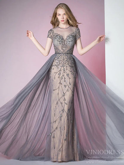 Tulle Beaded Formal Evening Dress Grey Overskirt Prom Dress FD2376-Evening Dresses 2025 -Viniodress-Grey-US 2-