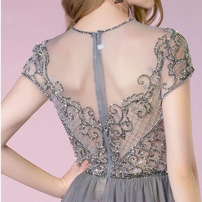 Tulle Beaded Formal Evening Dress Grey Overskirt Prom Dress FD2376-Evening Dresses 2025 -Viniodress-Grey-US 2-