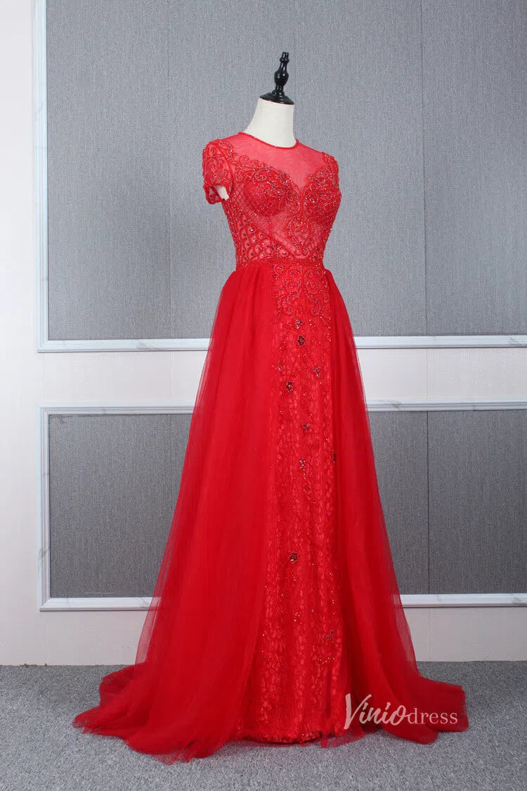 Tulle Beaded Formal Evening Dress Grey Overskirt Prom Dress FD2376-Evening Dresses 2025 -Viniodress-Red-US 2-