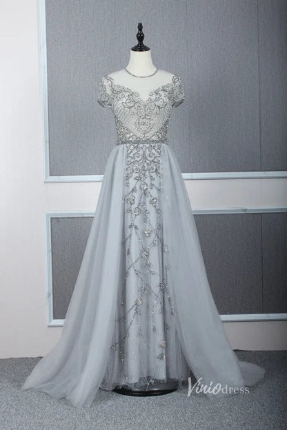 Tulle Beaded Formal Evening Dress Grey Overskirt Prom Dress FD2376-Evening Dresses 2025 -Viniodress-Silver-US 2-