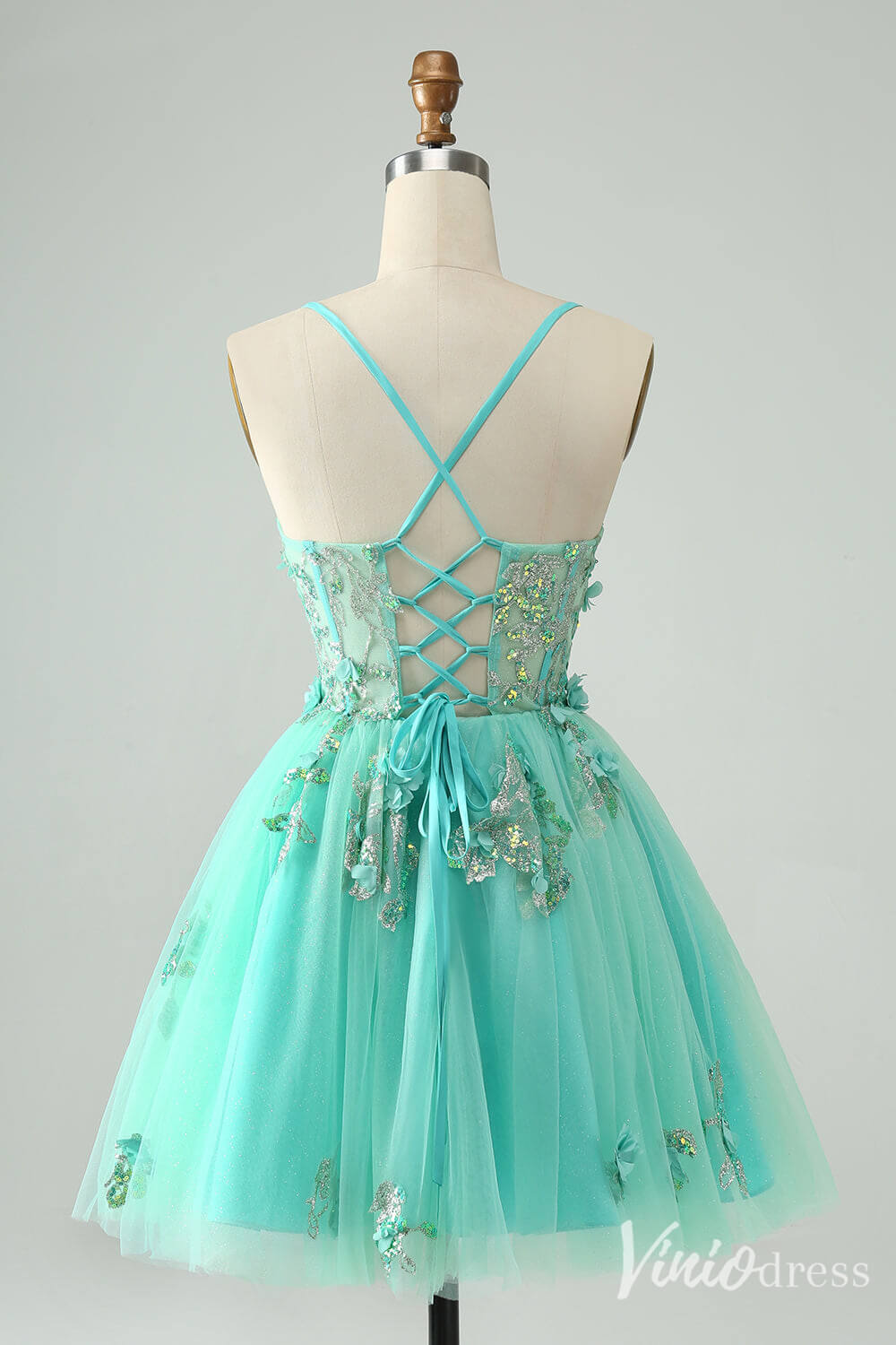 Turquiose 3D Flower Homecoming Dresses Spaghetti Strap Back to School Dress S24021-prom dresses 2025 -Viniodress-Turquoise-Custom Size-