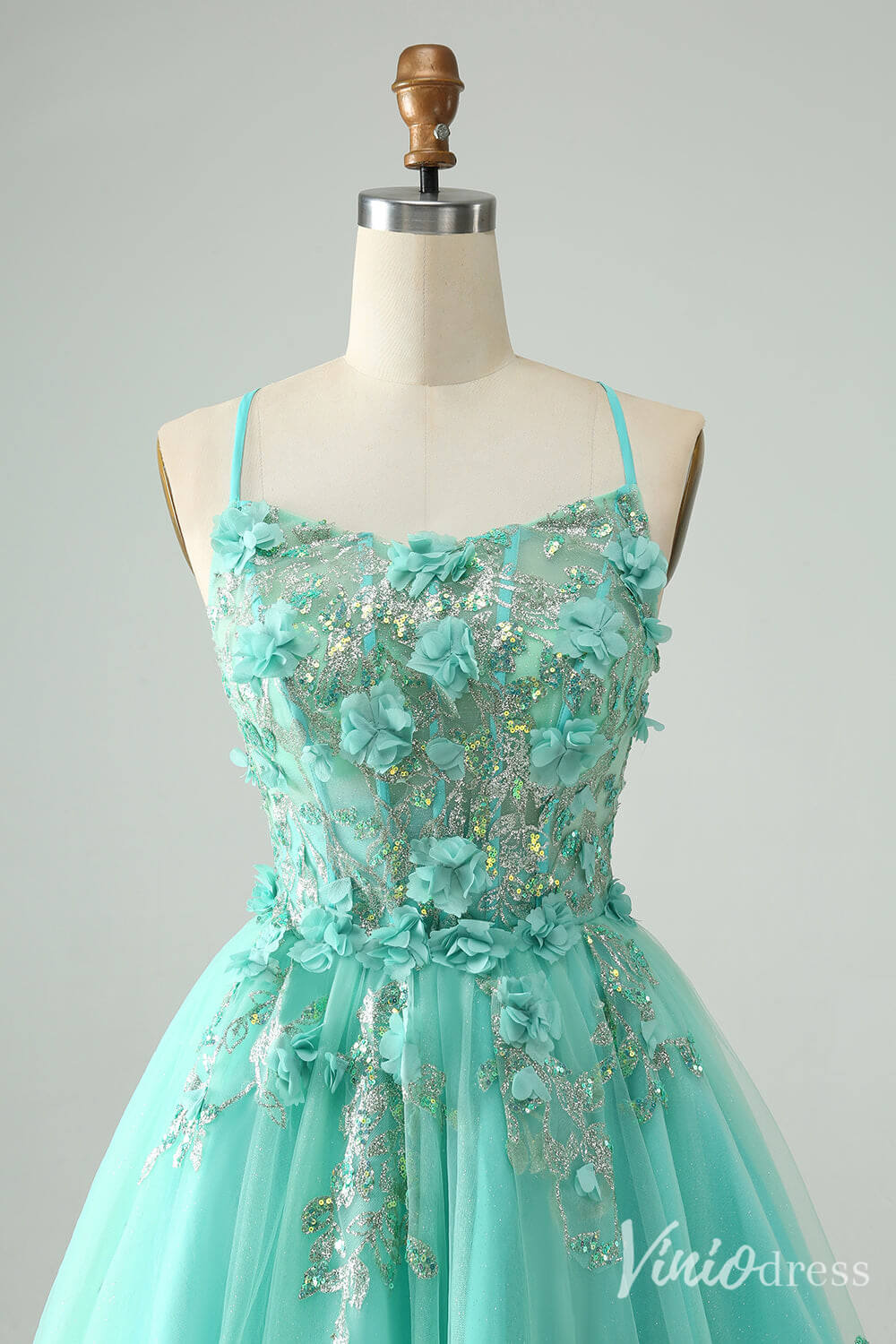 Turquiose 3D Flower Homecoming Dresses Spaghetti Strap Back to School Dress S24021-prom dresses 2025 -Viniodress-Turquoise-Custom Size-