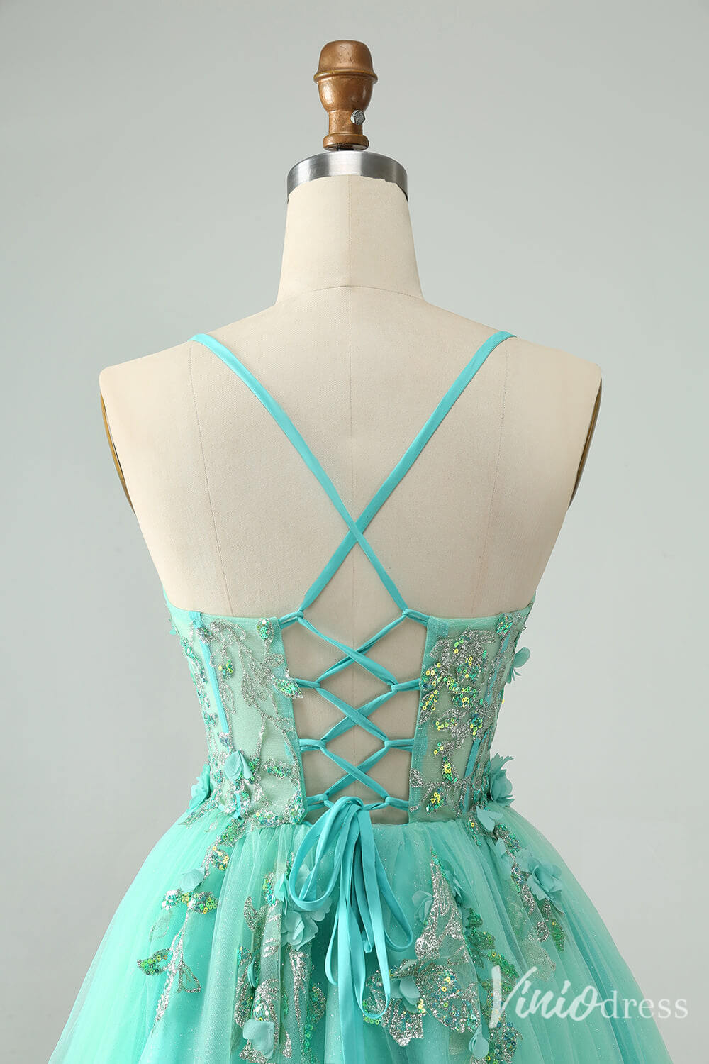Turquiose 3D Flower Homecoming Dresses Spaghetti Strap Back to School Dress S24021-prom dresses 2025 -Viniodress-Turquoise-Custom Size-