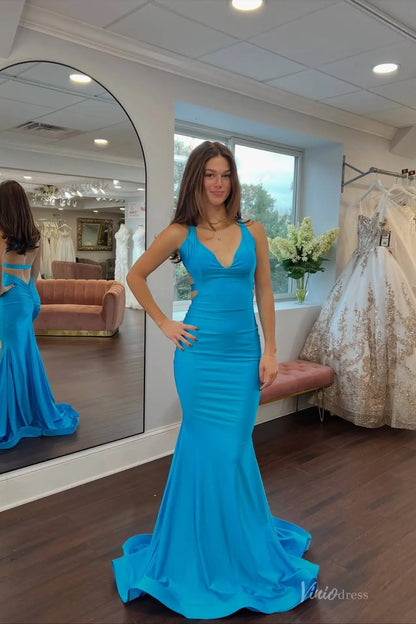 Turquoise Blue Halter Neck Mermaid Prom Dress with Sleek Fitted Bodice, Open Back & Sweep Train – SS148