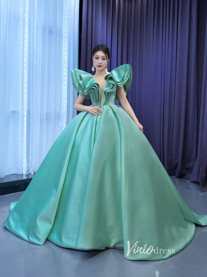 Turquoise Blue Quince Dresses Satin Ball Gown Wedding Dress 67527-Quinceanera Dresses 2025 -Viniodress-As Picture-Custom Size-