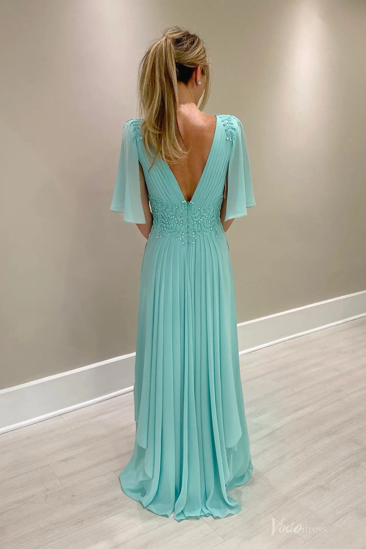 knee length dresses for ladies Turquoise Chiffon Mother of the Bride Evening Gown – MM008 – Viniodress