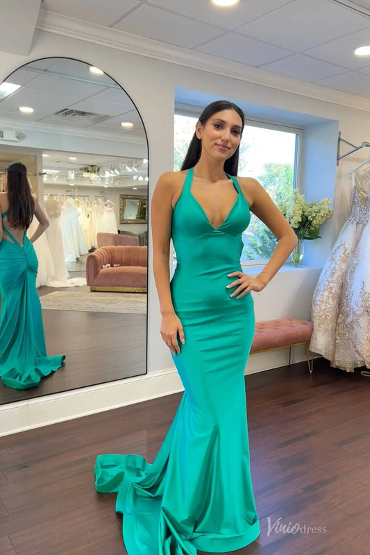 Emerald Green Halter Mermaid Prom Dress with Deep V Neck, Open Criss Cross Back & Sweep Train – SS155