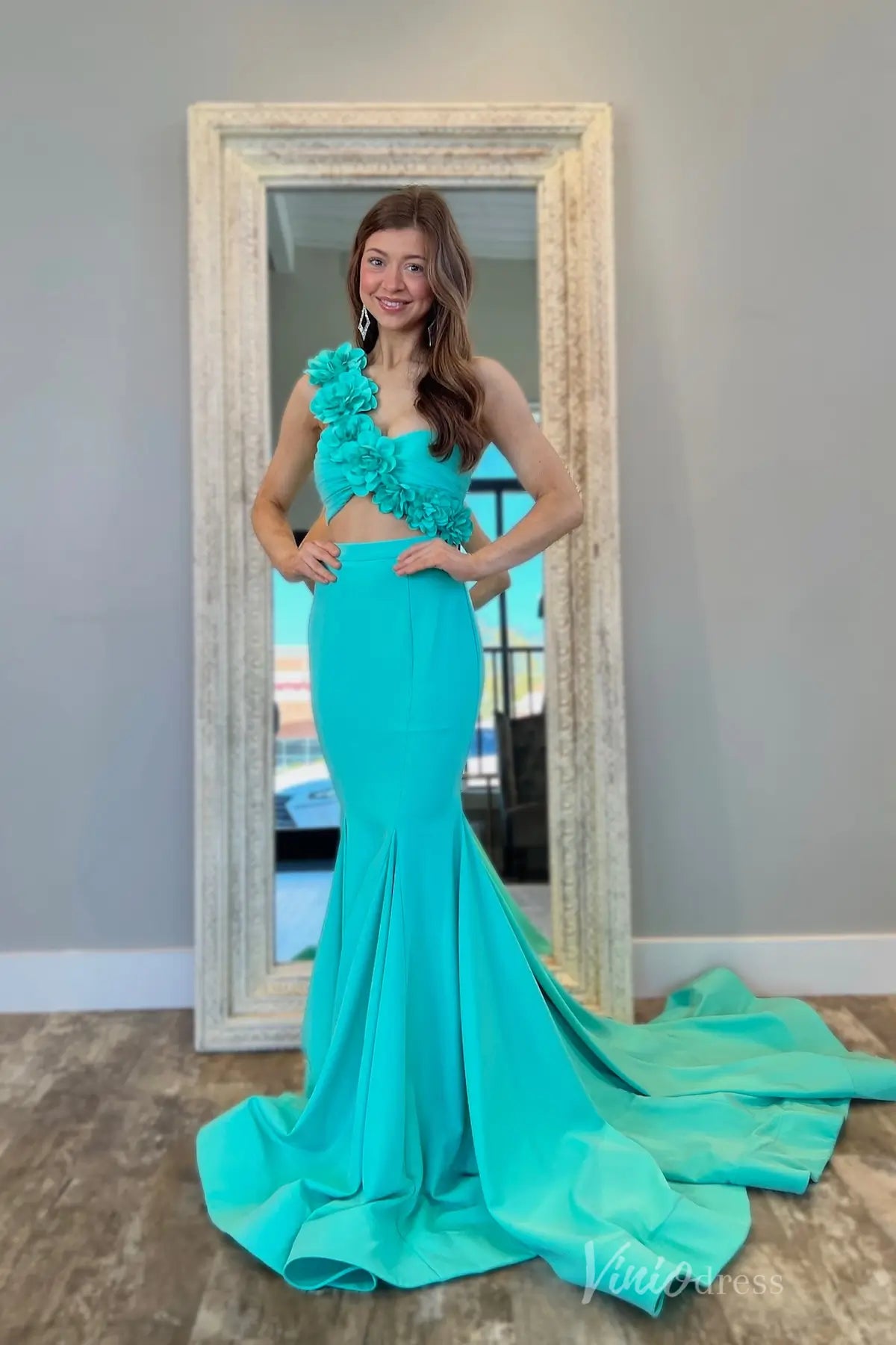 Turquoise Mermaid Prom Dress with 3D Floral One-Shoulder Strap and Cutout Waist – SS116-prom dresses 2025 -Viniodress-Turquoise-Custom Size-
