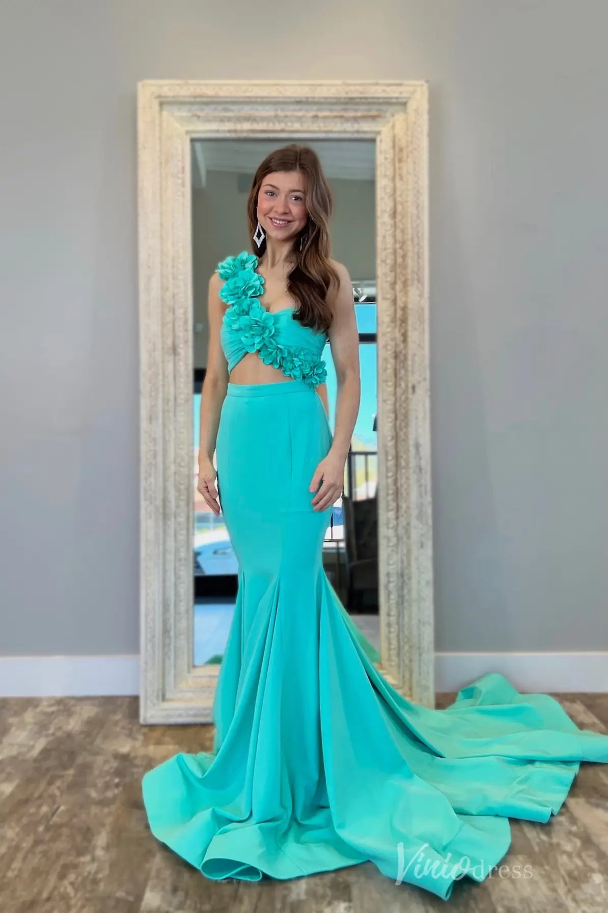 Turquoise Mermaid Prom Dress with 3D Floral One-Shoulder Strap and Cutout Waist – SS116-prom dresses 2025 -Viniodress-Turquoise-Custom Size-
