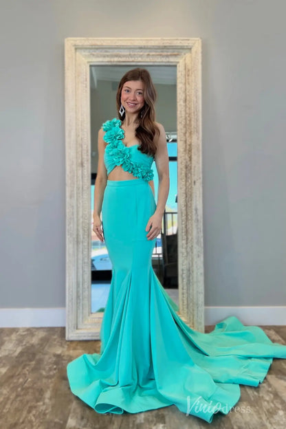 Turquoise Mermaid Prom Dress with 3D Floral One-Shoulder Strap and Cutout Waist – SS116-prom dresses 2025 -Viniodress-Turquoise-Custom Size-
