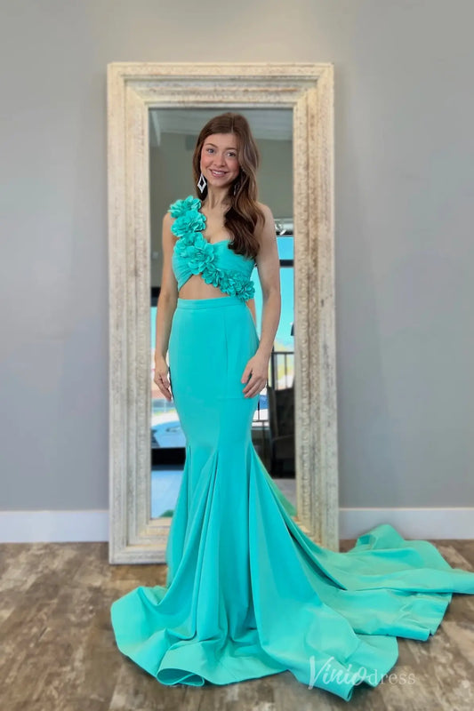 Turquoise Mermaid Prom Dress with 3D Floral One-Shoulder Strap and Cutout Waist – SS116-prom dresses 2025 -Viniodress-Turquoise-Custom Size-