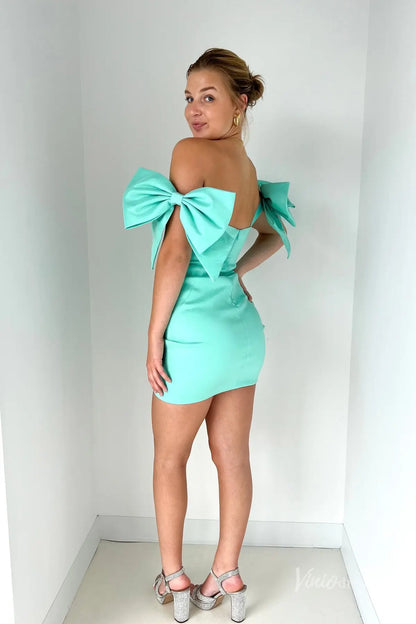 Turquoise Off-Shoulder Homecoming Dress with Oversized Satin Bows and Fitted Mini Silhouette – H1138-Homecoming Dresses 2025 -Viniodress-Turquoise-Custom Size-