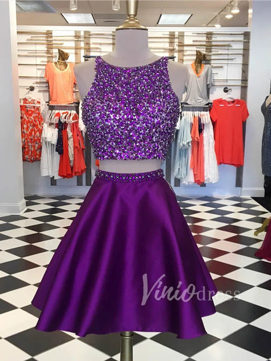 Short Prom Dresses 2025 Two Piece Beaded Purple Homecoming Dresses with Pockets SD1190-homecoming dresses-Viniodress-Purple-Custom Size-Viniodress