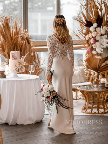 Two-Piece Bohemian Wedding Dress with Long Sleeve Lace Top High-Low Sheath Crepe Skirt VW1408-wedding dresses 2025 -Viniodress-Ivory-Custom Size-
