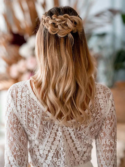 Two-Piece Bohemian Wedding Dress with Long Sleeve Lace Top High-Low Sheath Crepe Skirt VW1408-wedding dresses 2025 -Viniodress-Ivory-Custom Size-