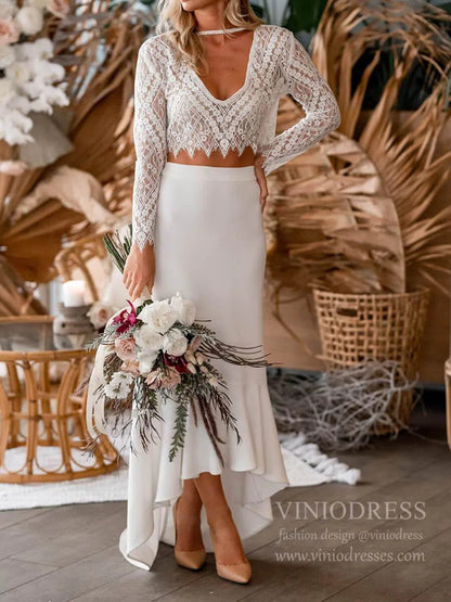 Two-Piece Bohemian Wedding Dress with Long Sleeve Lace Top High-Low Sheath Crepe Skirt VW1408-wedding dresses 2025 -Viniodress-Ivory-Custom Size-