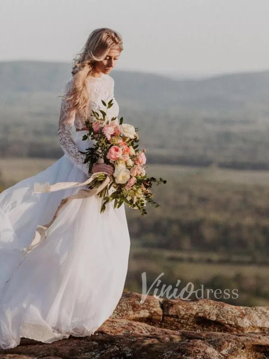 Two Piece Chiffon Country Wedding Dresses with Long Sleeves VW1250-wedding dresses-Viniodress-Viniodress