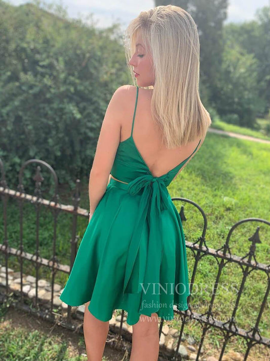 Two Piece Cocktail Dresses Spaghetti Strap Homecoming Dress SD1279B-Homecoming Dresses 2025 -Viniodress-Emerald Green-Custom Size-