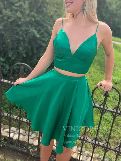 Two Piece Cocktail Dresses Spaghetti Strap Homecoming Dress SD1279B-Homecoming Dresses 2025 -Viniodress-Emerald Green-Custom Size-
