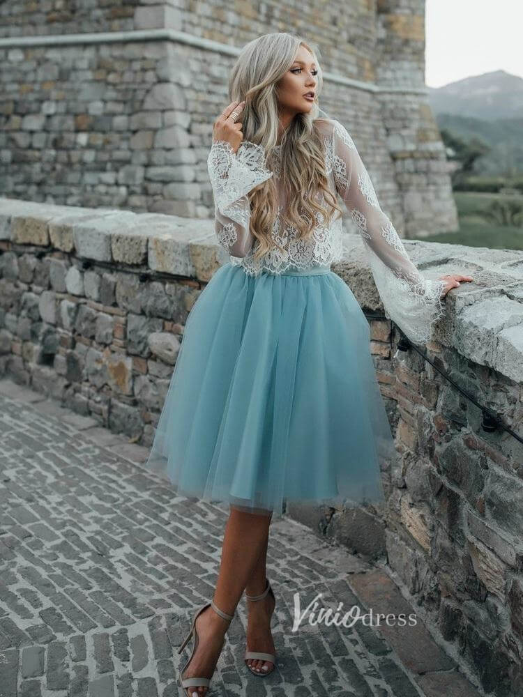 Short Prom Dresses 2025 Two Piece Lace Homecoming Dress Dusty Blue Short Prom Dress SD1252-homecoming dresses-Viniodress-Dusty Blue-Custom Size-Viniodress