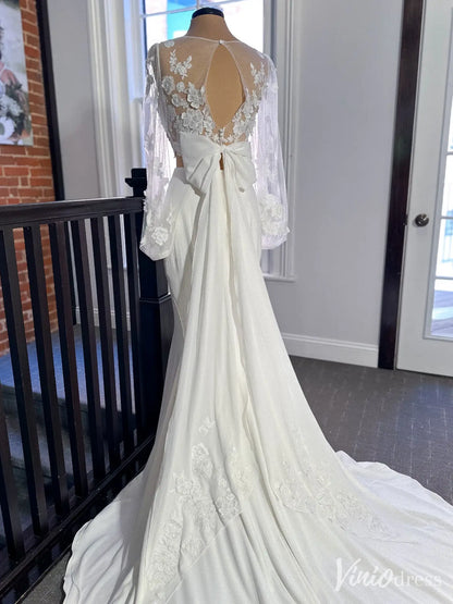 Two-Piece Mermaid Wedding Dress with Floral Lace Top and Bow Train – VW2591-wedding dresses 2025 -Viniodress-Ivory-Custom Size-
