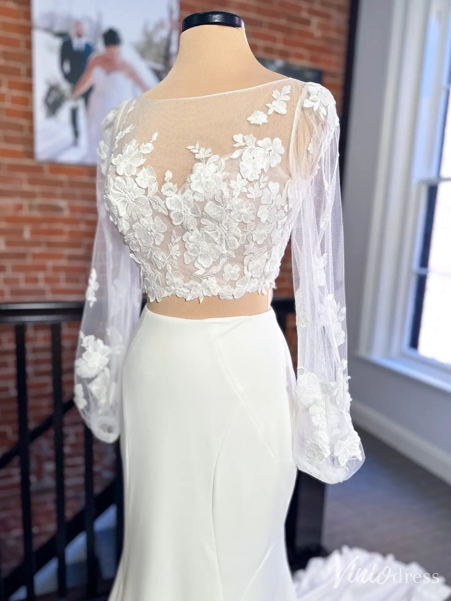 Two-Piece Mermaid Wedding Dress with Floral Lace Top and Bow Train – VW2591-wedding dresses 2025 -Viniodress-Ivory-Custom Size-