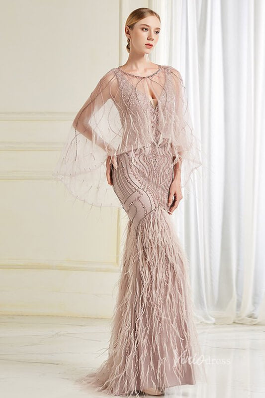 Two Piece Mother of Bride Dress Beaded Feather Holiday Dress FD2799-Evening Dresses 2025 -Viniodress-Taupe-US 2-