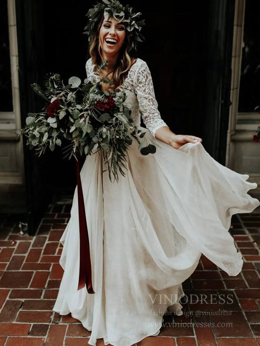 Cheap Two Piece Rustic Wedding Dresses with Sleeves Viniodress VW1113-wedding dresses-Viniodress-Viniodress