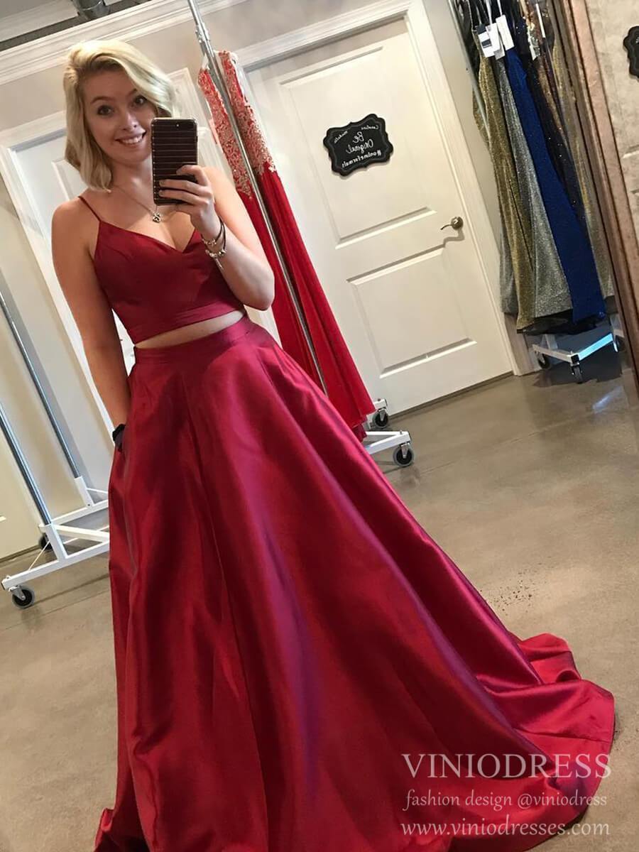 Prom Dress 2025 Two Piece Spaghetti Strap Dark Red Satin Prom Dresses with Pockets FD2021-unique prom dresses-Dark Red-Custom Size-Viniodress